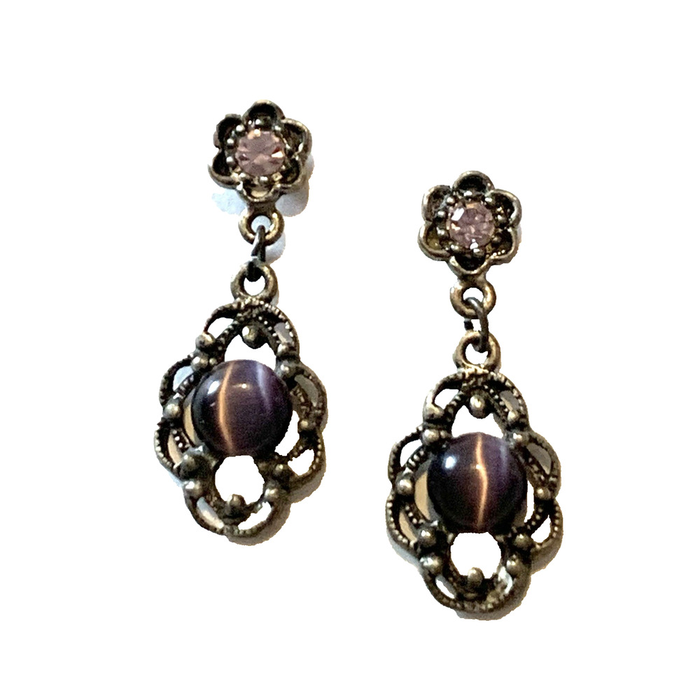 Vintage Purple Cats Eye Glass Dangle Earrings Silver Tone Filigree Pierced